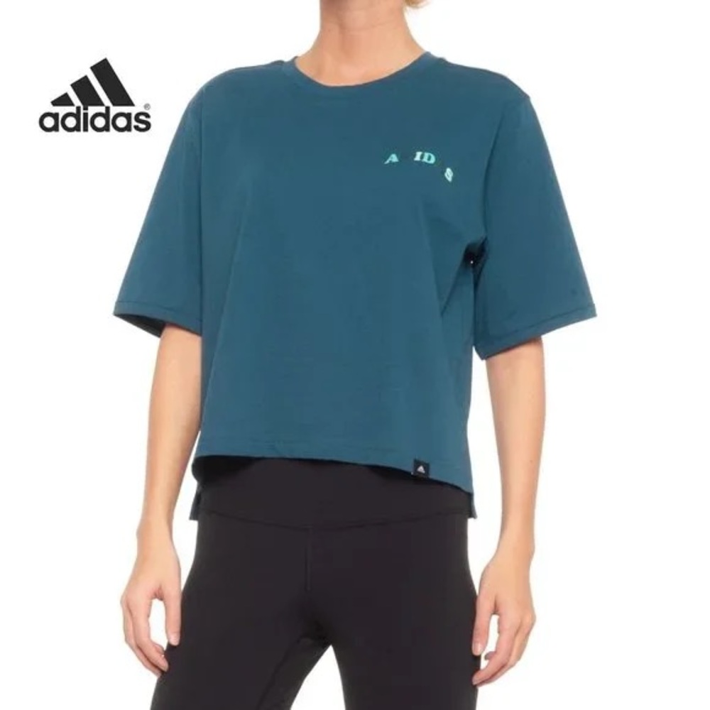 Adidas Oversized Boxy Tri Arch Logo Blue Teal Colorful Crop Graphic Tee